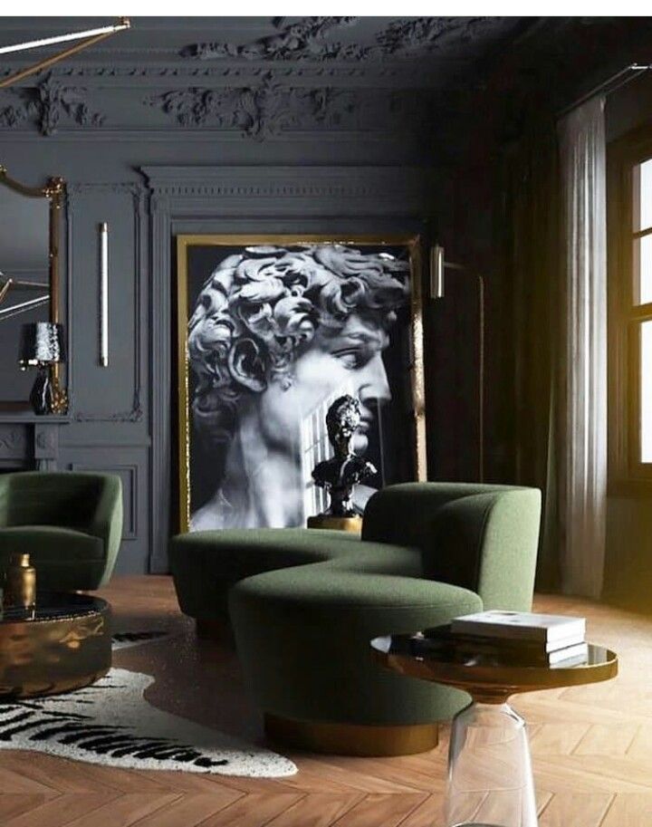 Theatrical interior design in Greens and greys