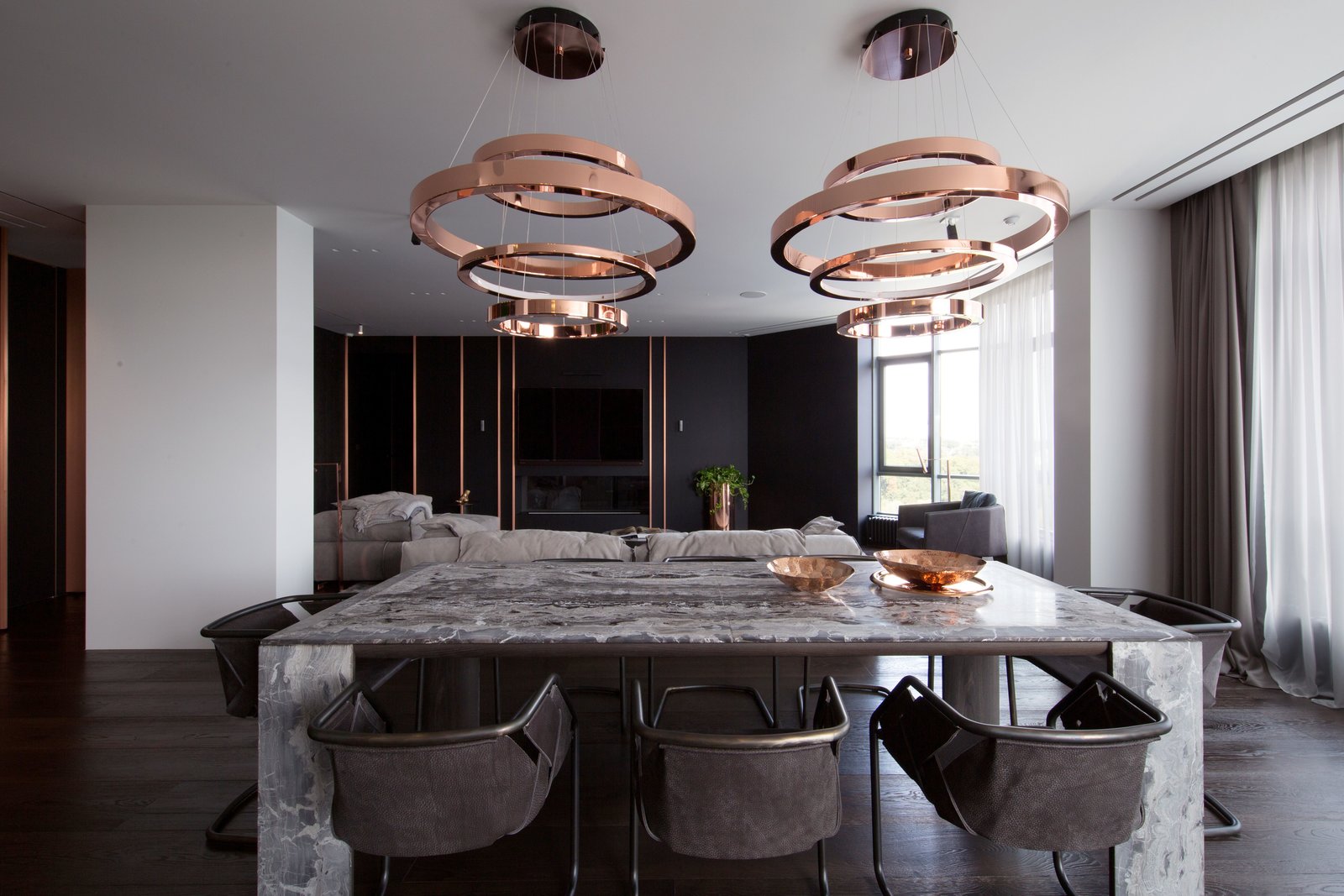 Deep grays and copper accents-dining room