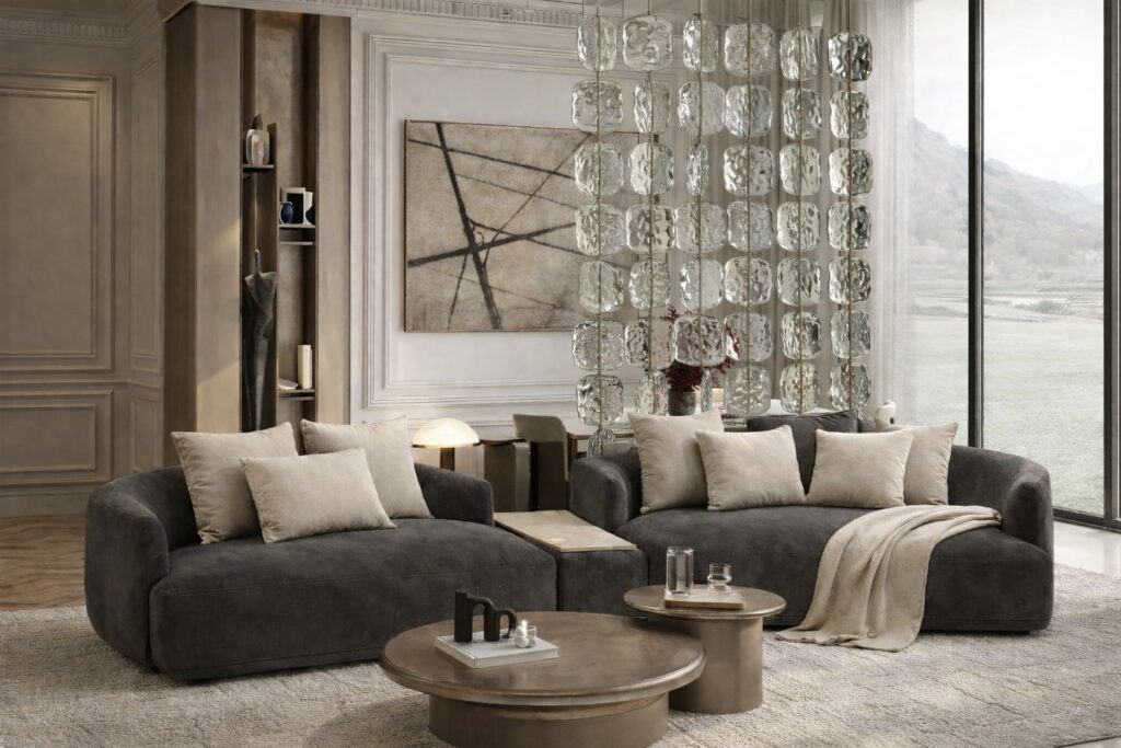 modern sofa with curved aesthetics wins every time due to it's modular and sculptural form ... sophisticated interiors in earthy calm beiges and taupe-greys take the center-piece to create contemporary timeless interiors and aesthetics