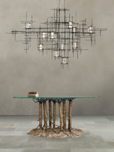 sculptural table and chandelier for contemporary interiors